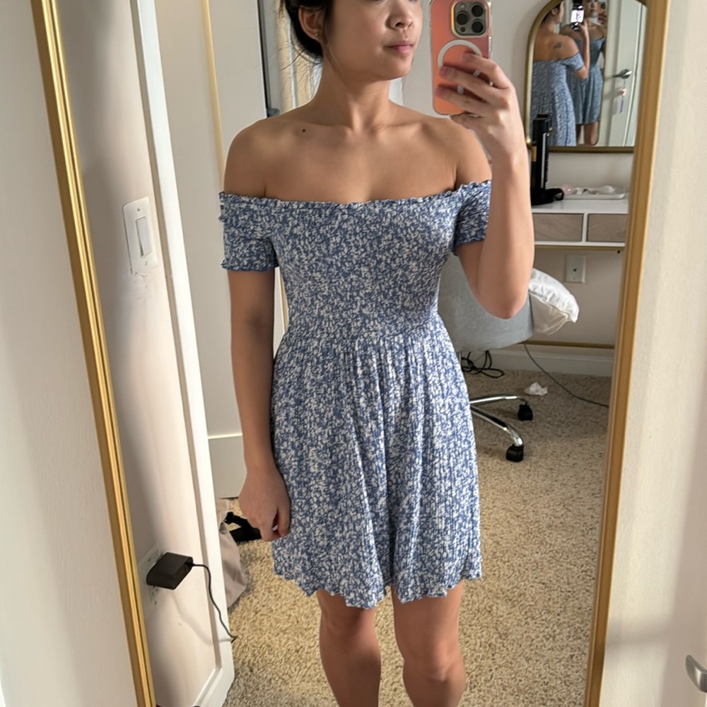 Off the shoulder blue Lulu’s “One I Love” sun dress